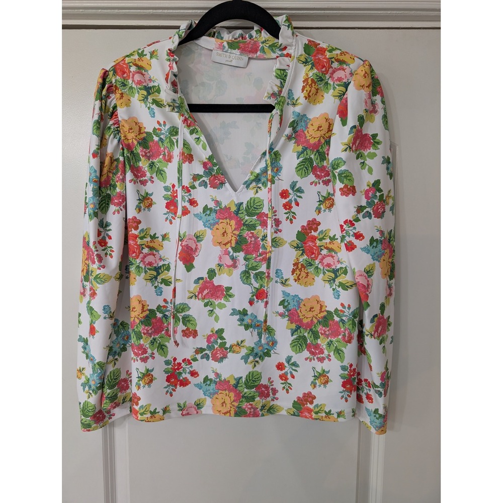 Smith & Quinn Floral Ruffle Neck Tie Front Puff Sleeve Top White Multi Small